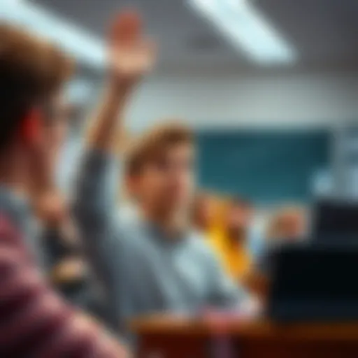 A student raises a hand in class to challenge myths about cryptocurrency, with classmates and a teacher listening attentively.