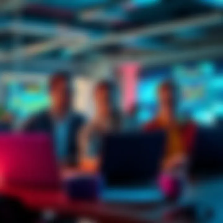 Group of investors analyzing memecoin trends on laptops, showcasing tools and strategies in a vibrant workspace.