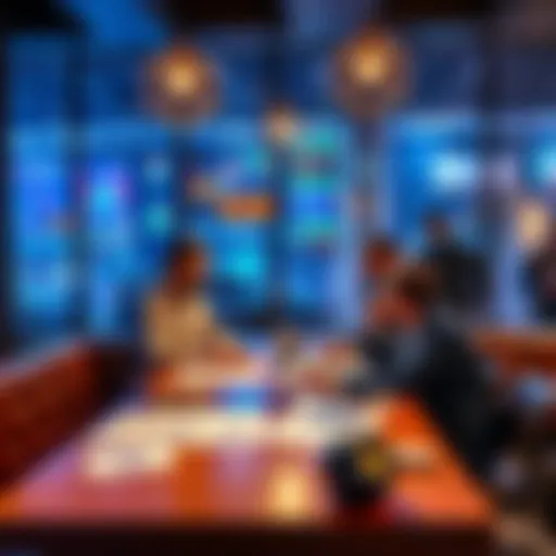 A group of people discussing Cardano and Nano in a cafe, with charts and crypto logos on a table
