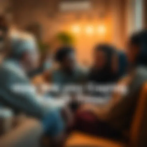 A group of diverse people engaging in a supportive conversation in a cozy setting, promoting mental health awareness.