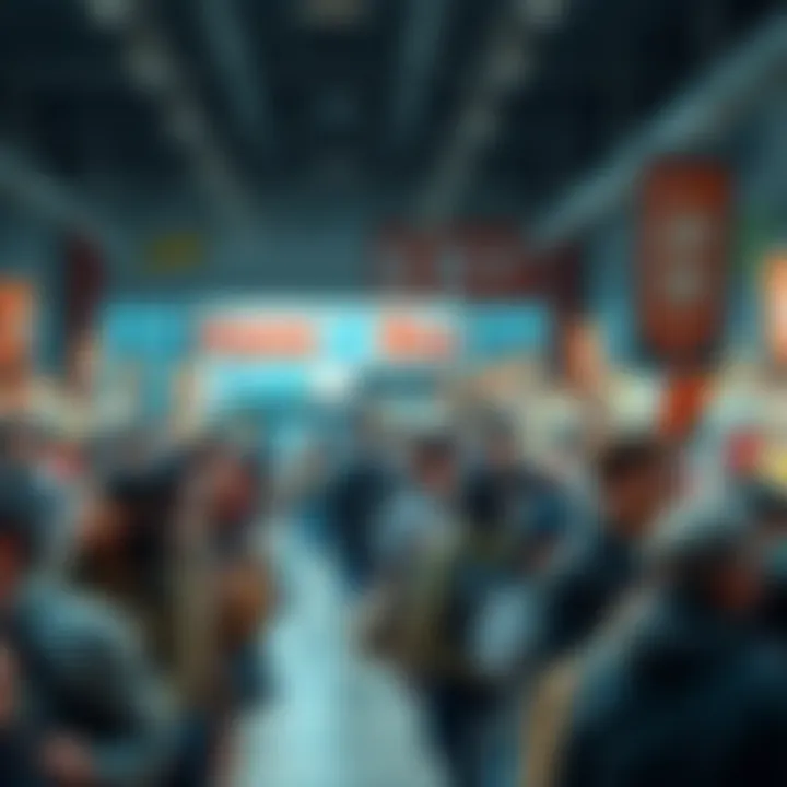 A large group of diverse people shopping energetically in a store, indicating a rise in buying activity.