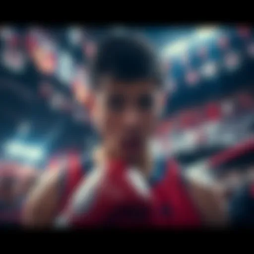 A boxer looking shocked and disappointed after losing a match, surrounded by supporters in a banner-filled arena.