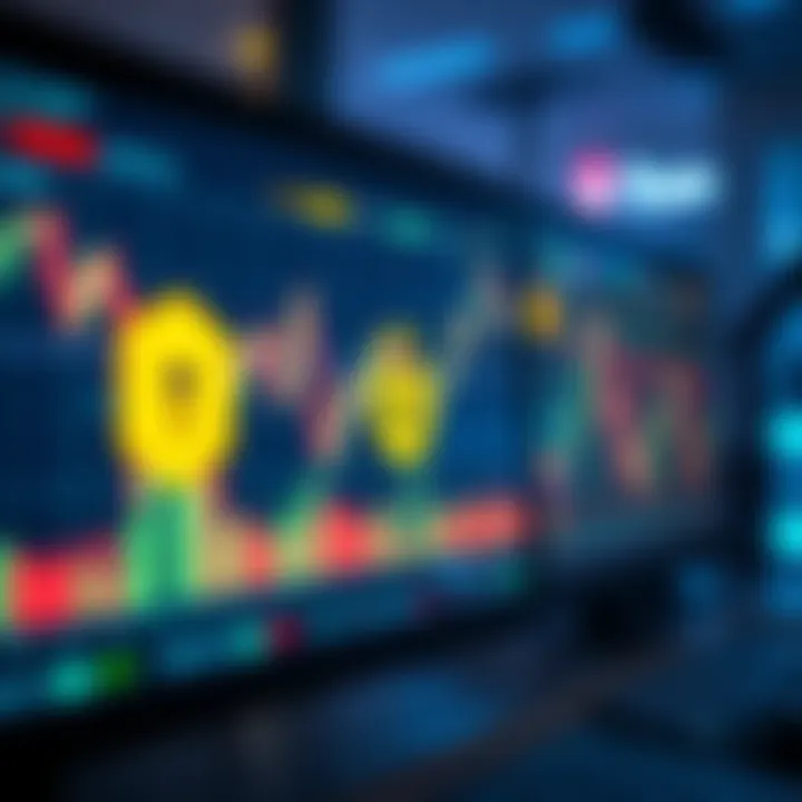 A close-up of a computer screen showing cryptocurrency charts with an overlay of security icons, symbolizing surveillance in digital trading.