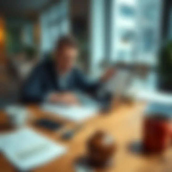 A person sitting at a desk, filling out an online survey on a laptop with a look of focus. Papers and a coffee cup are on the desk, indicating a casual office setting.