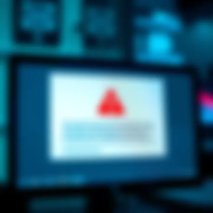 A close-up of a computer screen displaying a questionable email with a warning sign.