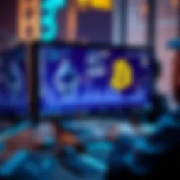 A person using a computer to exchange Ethereum for Bitcoin, with digital currency symbols displayed on the screen.