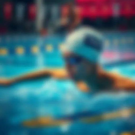 A swimmer in action at a competition, focused and determined, with the $VOOZ token logo visible on their swim gear.