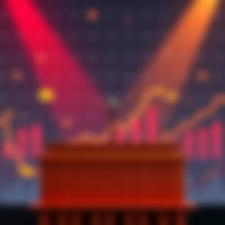 Tariff Speech Announcement A podium with a microphone and a backdrop displaying economic symbols, indicating a tariff speech event.