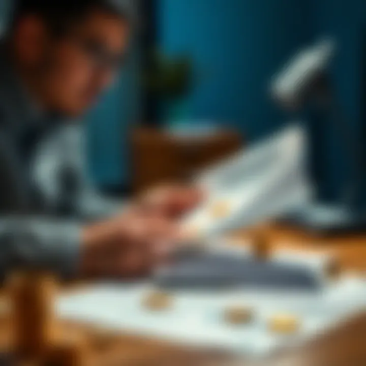 Tax Filing for Crypto Gains A person reviewing tax documents with cryptocurrency symbols on a table.