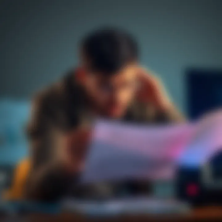 Person looking at tax documents Individual stressed over tax reporting while facing financial losses