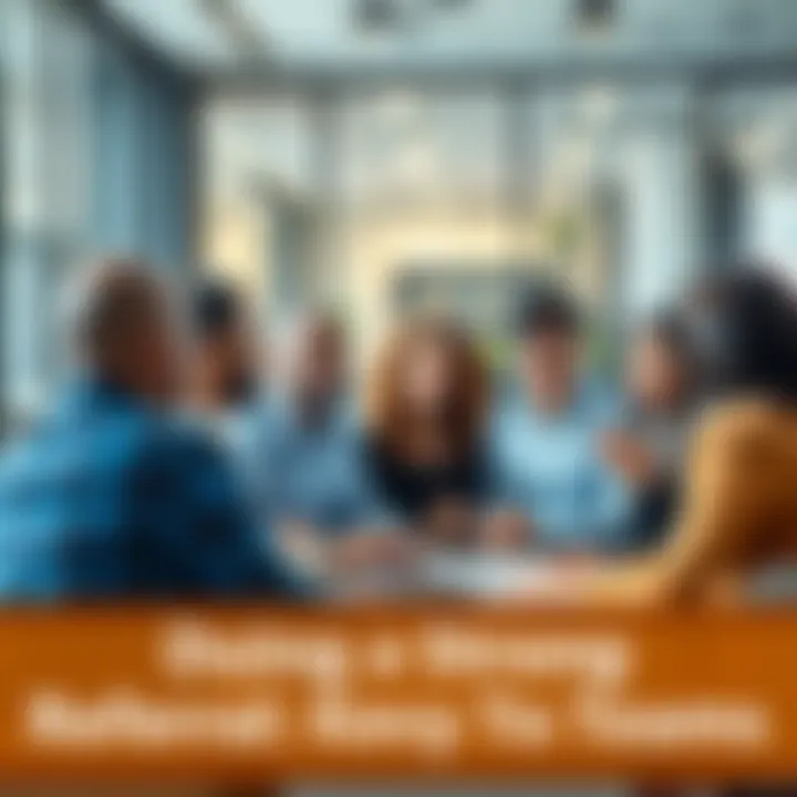 A group of diverse professionals discussing strategies in a modern office setting.