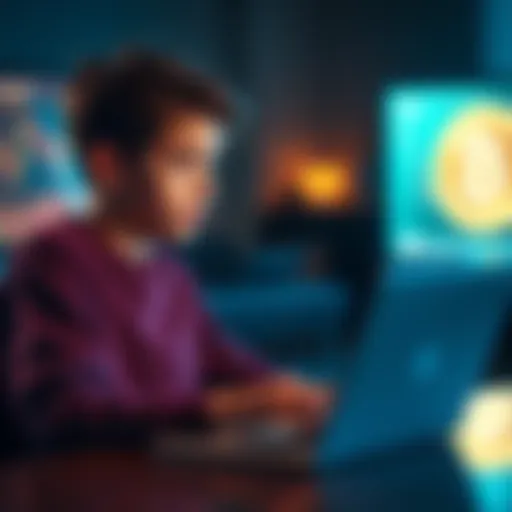 A 15-year-old looking at a laptop with Bitcoin charts on the screen, contemplating monthly investments in cryptocurrency.
