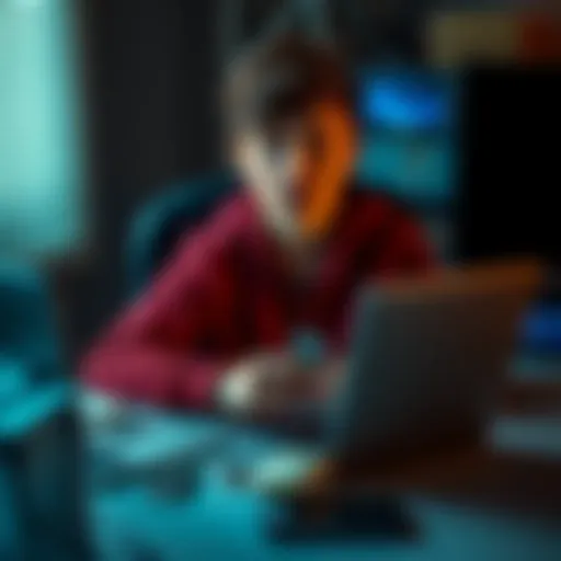 A young entrepreneur at a desk with multiple fake IDs and a laptop displaying a bitcoin wallet, reflecting on his past decisions.