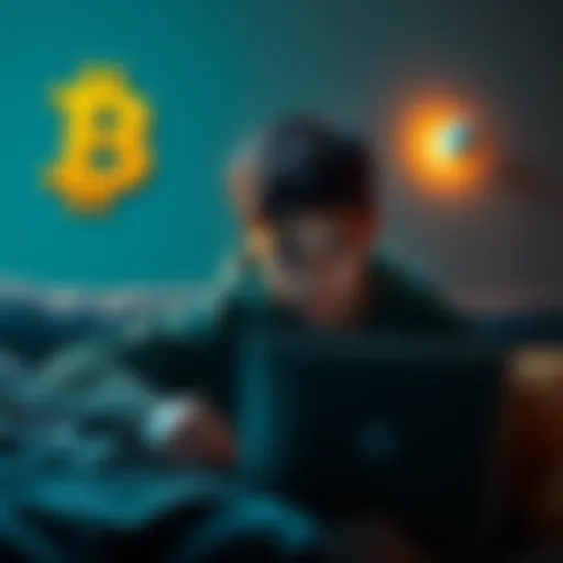 A teenager secretly using a laptop to research Bitcoin investments without parental knowledge