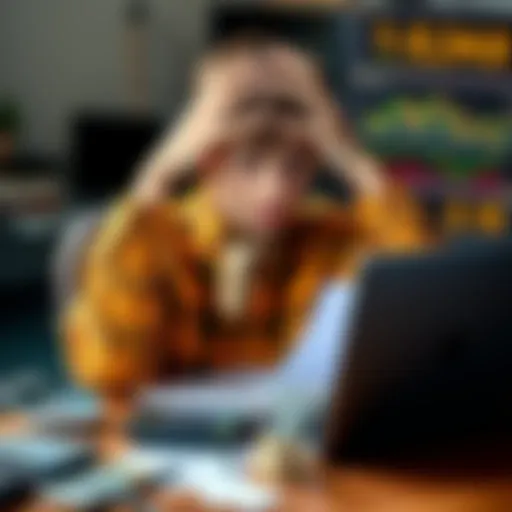 A 14-year-old boy sitting at a desk, looking frustrated while studying trading charts on a laptop. He holds his head in his hands, surrounded by notes and a calculator, showing signs of worry about his trading losses.