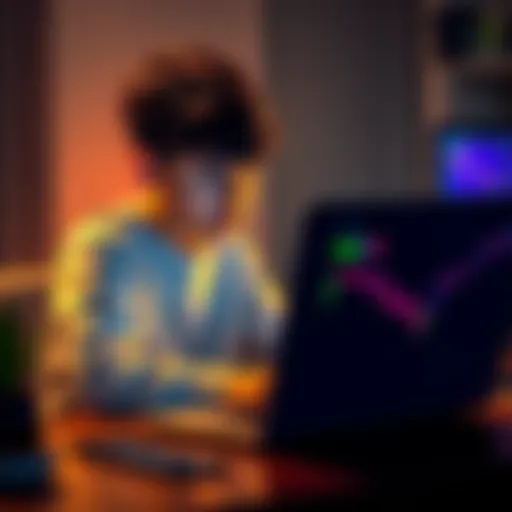 A 14-year-old sits at a desk, looking disappointed while staring at a laptop showing cryptocurrency charts.