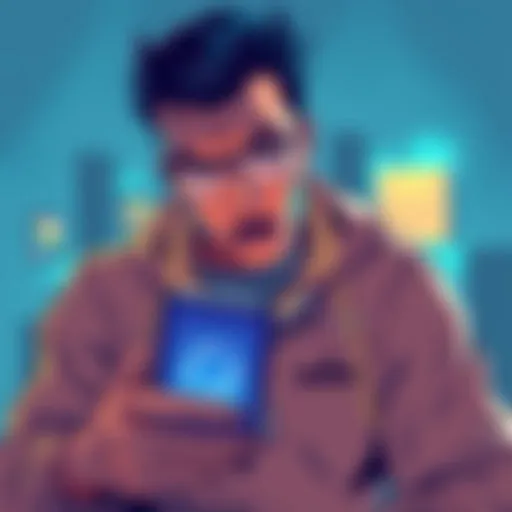 A frustrated person looking at a mobile device with loading screen for TestFlight app.