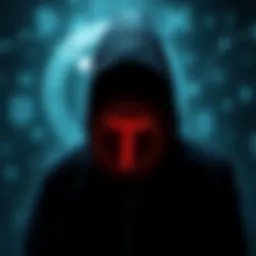 A dark and shadowy figure symbolizing the criminal origins of Tether, set against a backdrop of cryptocurrency symbols and a scam exchange logo.