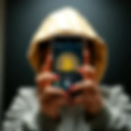A person looks distressed while holding a phone showing a Bitcoin wallet with a warning symbol, representing the theft of cryptocurrency