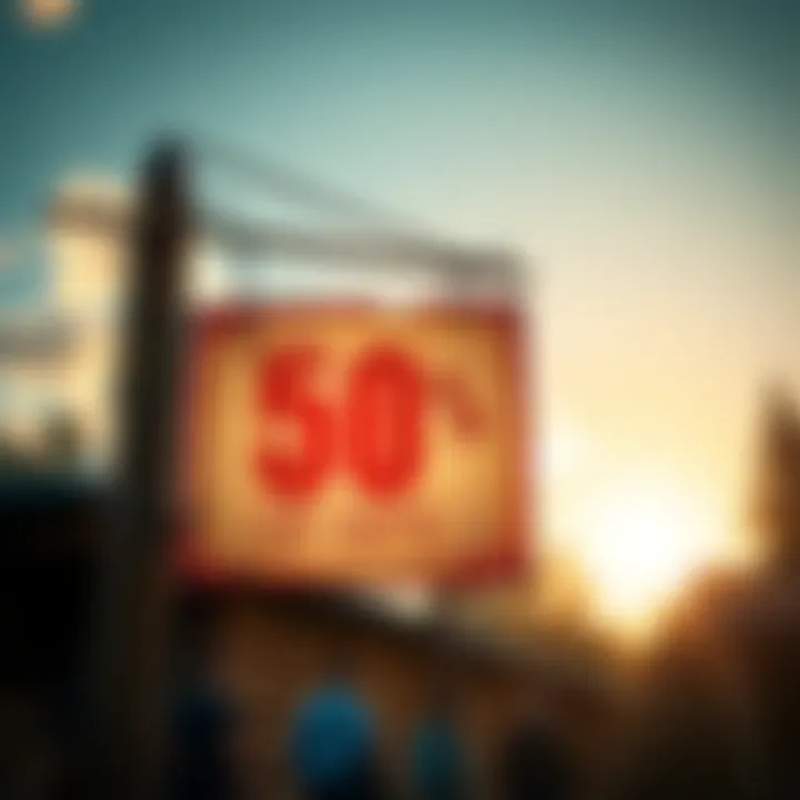 A bright summer sale sign showing 50% discount on timber products, set against a sunny background.