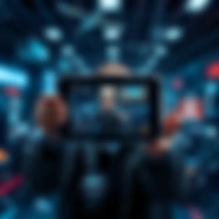 A time traveler holds a futuristic device displaying a digital screenshot of future events and insights.
