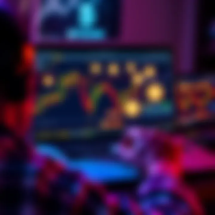 A person analyzing cryptocurrency charts on a laptop with altcoin symbols on the screen