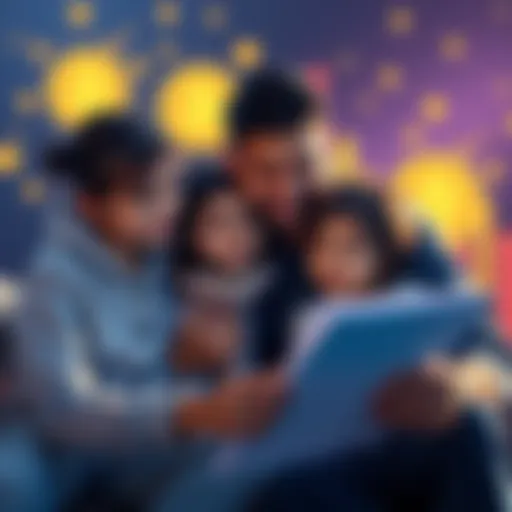 A family reviewing financial plans with cryptocurrency symbols in the background