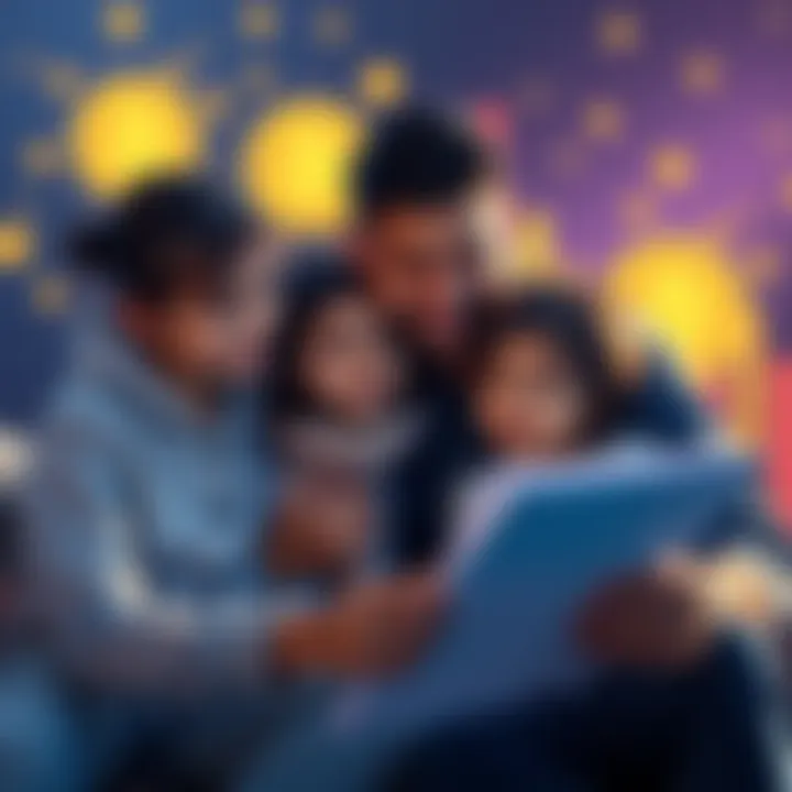 A family reviewing financial plans with cryptocurrency symbols in the background