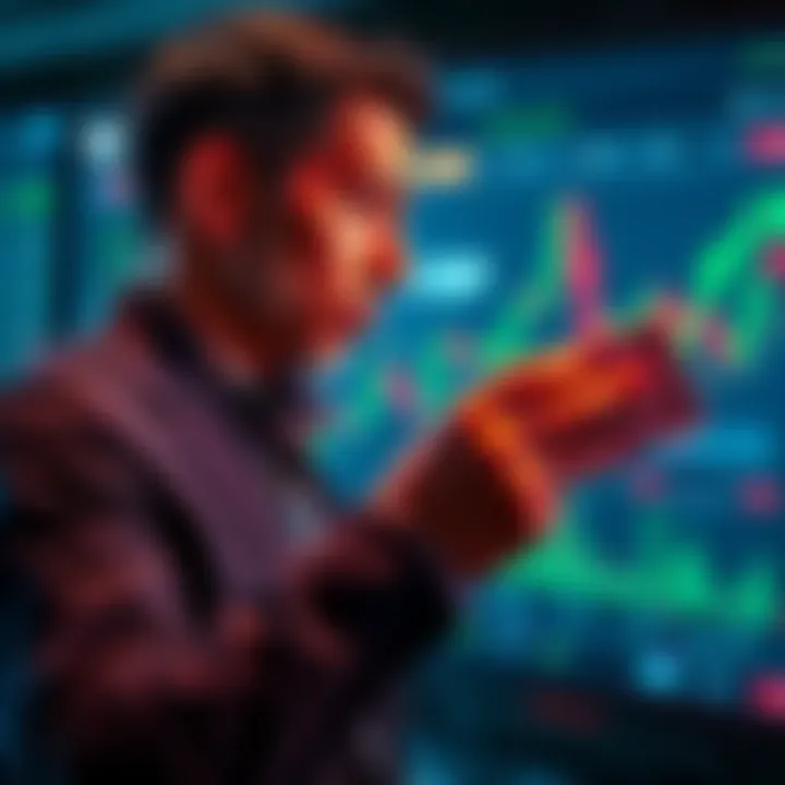 A trader looking at a digital chart showing XRP price movements, imagining a rise to $5 while holding a dollar bill in one hand.