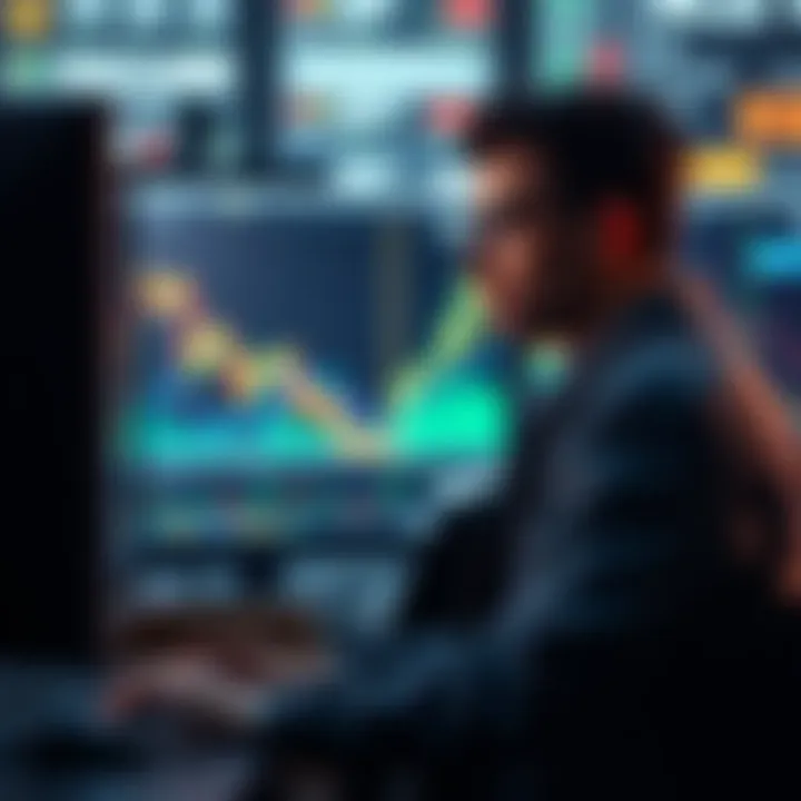 A trader anxiously watches market charts on a computer, contemplating whether to sell or hold investments, reflecting the struggle between greed and patience.
