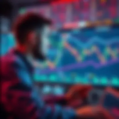 A frustrated trader staring at fluctuating market charts on a computer screen as profits vanish
