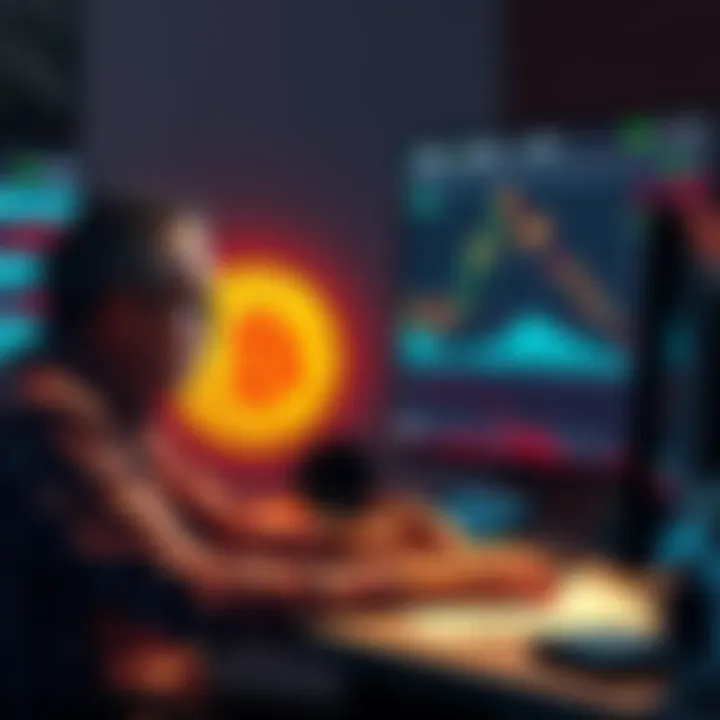 Trader Shorts Bitcoin A trader sitting at a desk analyzing Bitcoin market trends with a chart showing a downward trend and a Bitcoin symbol in the background.