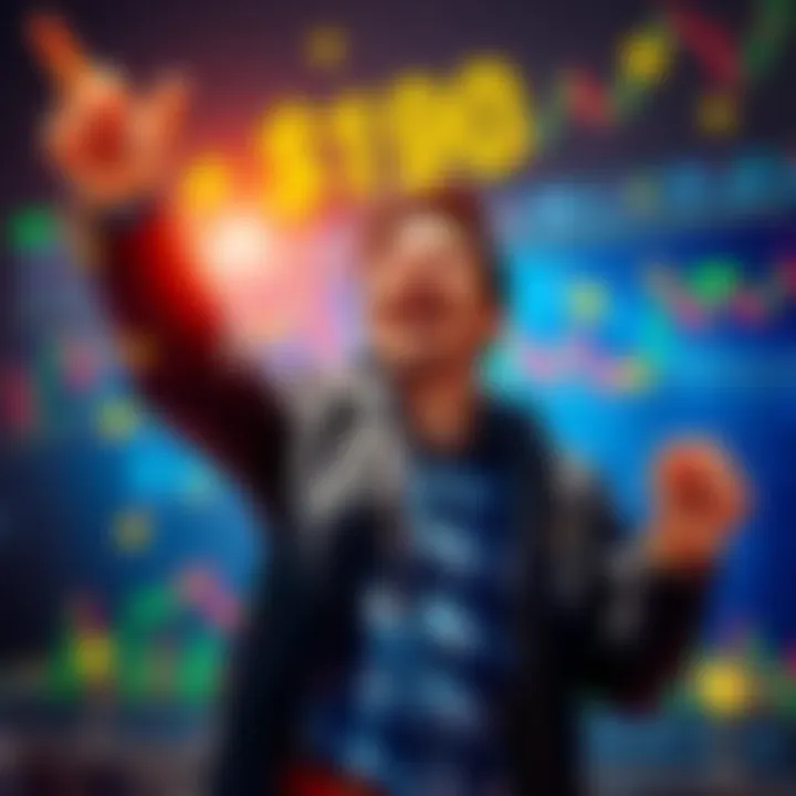 Trader Celebrating Market Success A trader celebrating after making a significant profit from a market downturn, with financial graphs and symbols of cryptocurrency in the background.