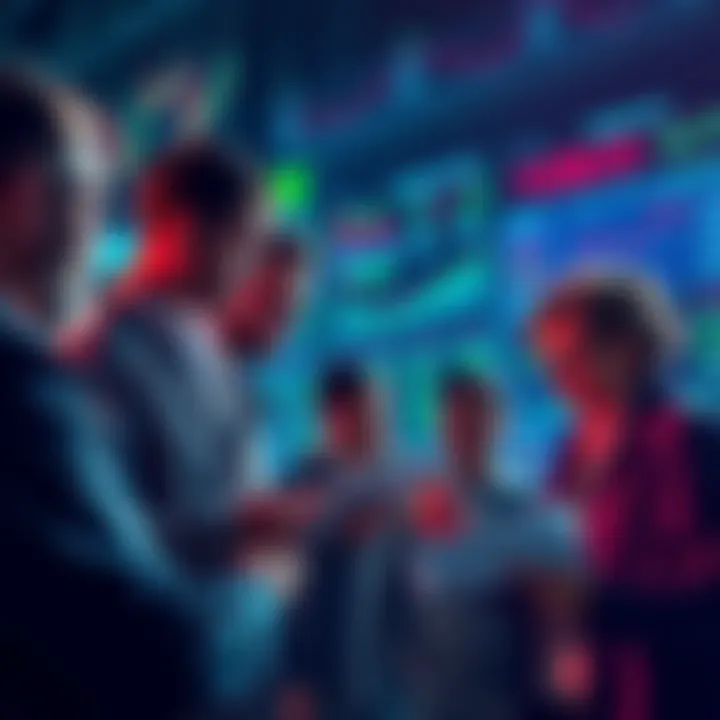 A group of traders examining charts and discussing concerns about using Robinhood for cryptocurrency trading.