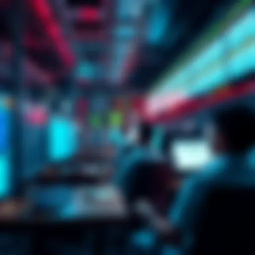 A group of traders sitting at desks filled with multiple screens, anxiously refreshing stock tickers and checking news sites.