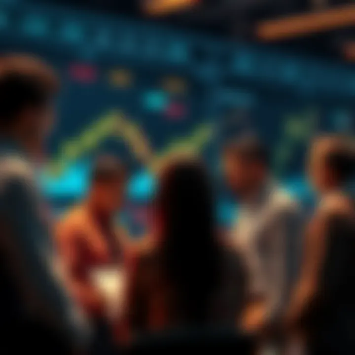 People discussing trading strategies with charts and graphs in the background