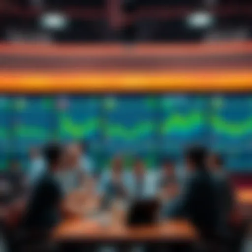 People discussing trading strategies at a table with charts and laptops