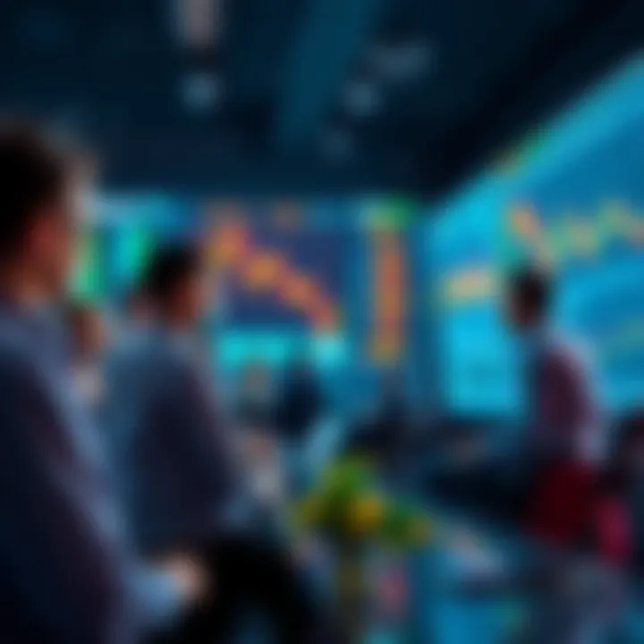A graphic showing people discussing trading strategies with charts and graphs in the background.