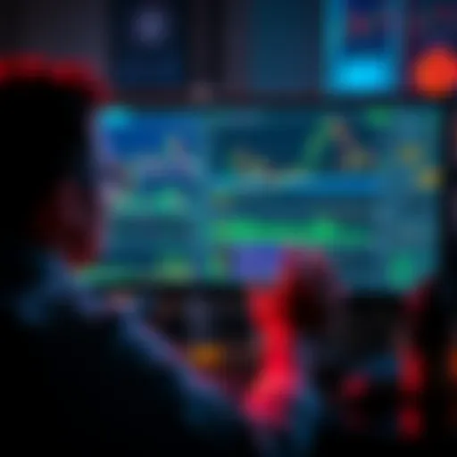 A person analyzing memecoin trends on a computer screen with various crypto charts and graphics related to memecoins.