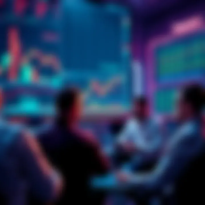 A group of traders discussing strategies with charts and graphs in the background