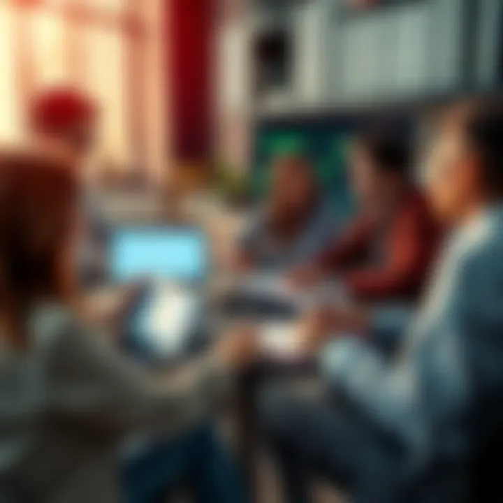 A group of people engaged in a discussion about trading strategies around a table with laptops and notepads