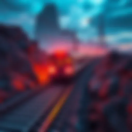 A visual representation of a train traveling through a futuristic landscape symbolizing Hedera's growth potential and challenges in technology and infrastructure.