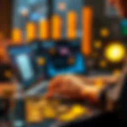 A person using a laptop to transfer cryptocurrency from Binance to an Australian bank account, with digital coins around them