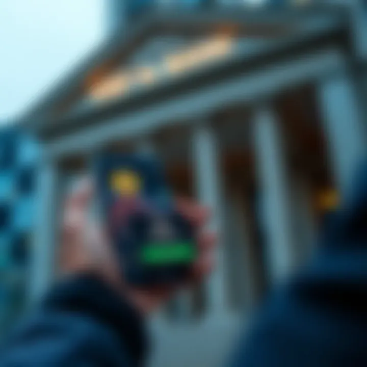 A person using a smartphone to transfer cryptocurrency to their bank account, with a visual of digital currency on the screen, and a bank building in the background