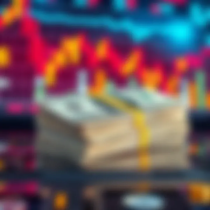 Treasury Bills Concept A graphic showing a stack of treasury bills with financial charts and dollar signs in the background, representing market trends and economic conditions.