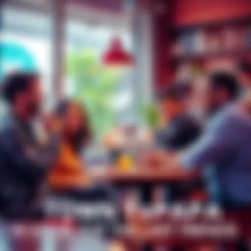 A group of people chatting in a coffee shop, sharing ideas about the latest trends and topics. Laughter and excitement fill the air as they engage in conversation.