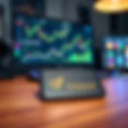 A Trezor hardware wallet displayed on a wooden table with a blurred background of a computer and cryptocurrency graphics