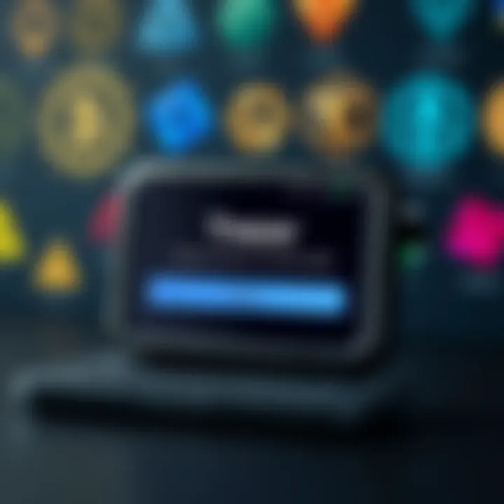 A Trezor hardware wallet displaying a software update notification, with alternative cryptocurrencies logos in the background, highlighting the debate among users.