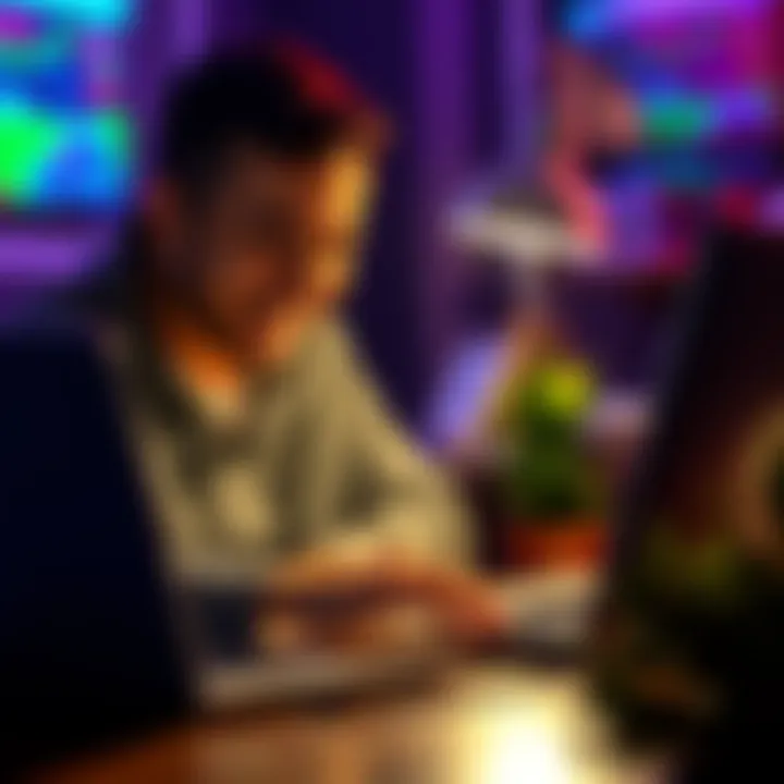 A person smiling while typing on a laptop, depicting a scenario of tricking a crypto scammer.