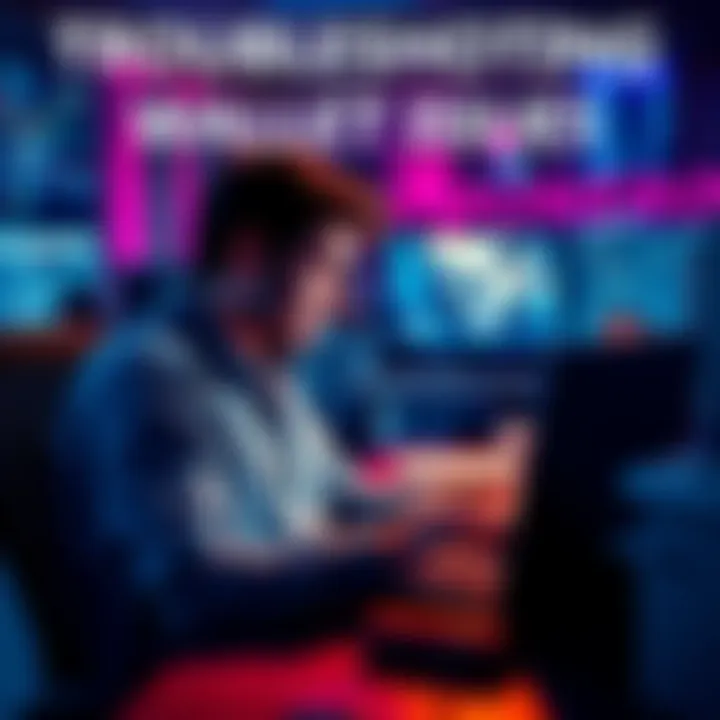 A person sitting at a desk looking at a laptop screen with a Monero wallet open, appearing frustrated with seed phrase and syncing problems